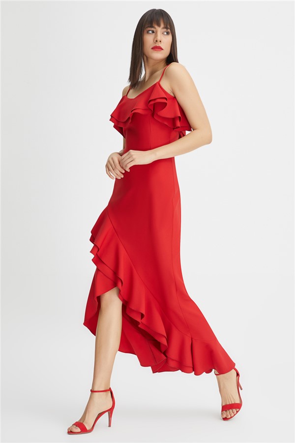 Volanlı Uzun Elbise - Kırmızı