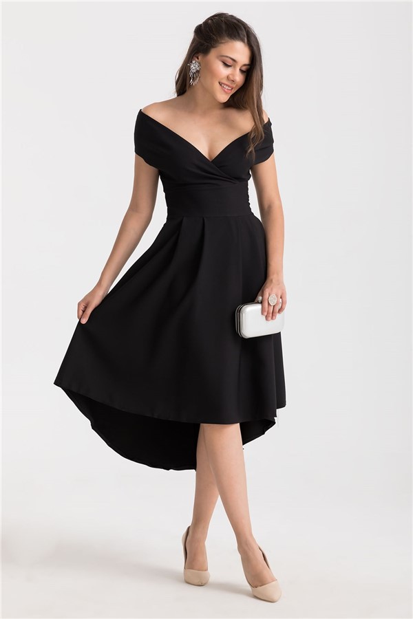 Kalp Yaka Midi Boy Elbise - SİYAH