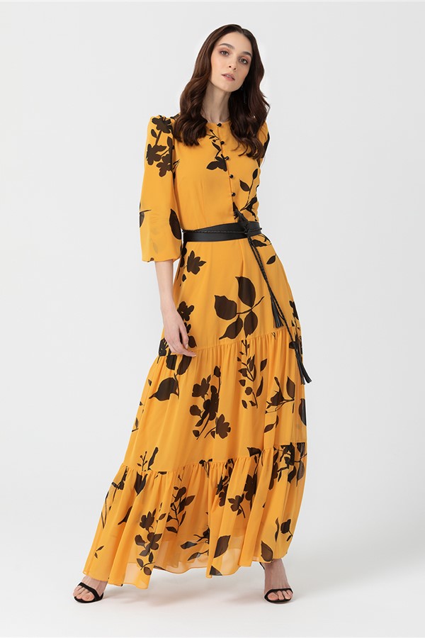DESENLİ MAXİ ELBİSE - SARI